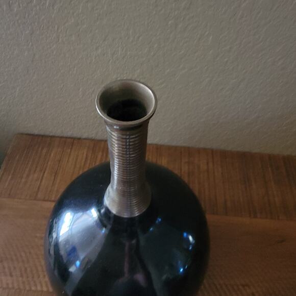 Vintage Modernist Black Vase with Ribbed Silver Neck